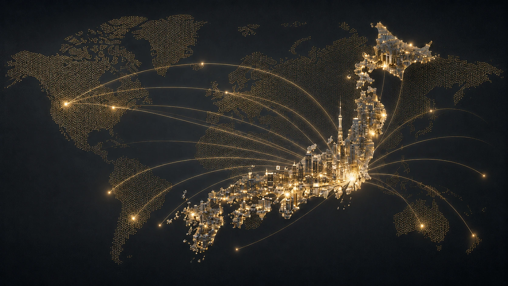 Map of Japan lit in gold and connected by lines to cities around the world